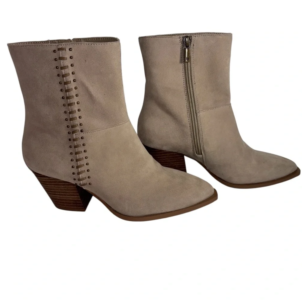 Lucky Brand Boho Suede Leather Boots Block Heel Side Stud Detail Tan Size 7.5